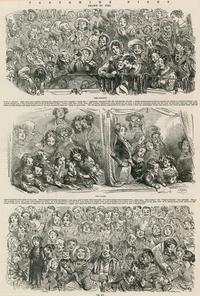 Pantomime Night: The Gallery, The Boxes, The Pit (gravering) av Hablot Knight Browne