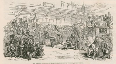 The Great Cab Strike: Suset etter omnibusser, ved South-Eastern Railway Terminus, London Bridge av Hablot Knight Browne