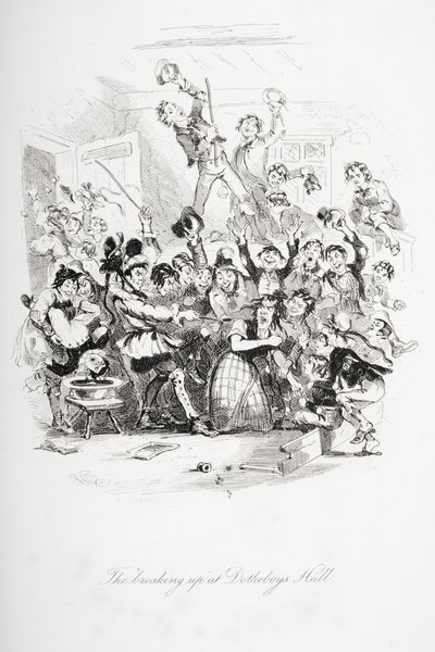 "Oppbruddet" i Dotheboys Hall, illustrasjon fra "Nicholas Nickleby" av Charles Dickens (1812-70) publisert 1839 av Hablot Knight Browne