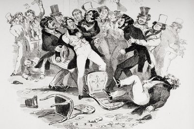 Det siste slagsmålet mellom Sir Mulberry og hans elev, illustrasjon fra `Nicholas Nickleby