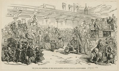 Suset etter omnibusser ved den sørøstlige jernbaneterminalen, London Bridge av Hablot Knight Browne