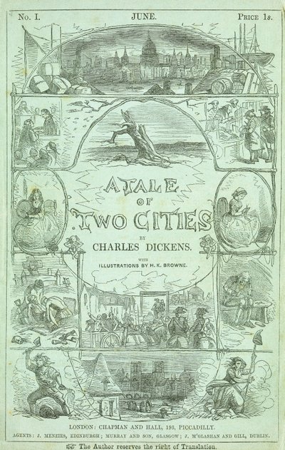 Tittelside fra første del av den første utgaven i serialiserte deler, av boken "A Tale of Two Cities" av Charles Dickens, 1859 av Hablot Knight Browne