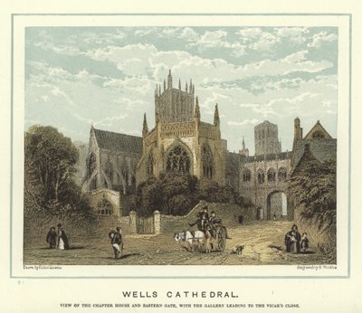 Wells Cathedral, utsikt over kapittelhuset og den østlige porten, med galleriet som fører til Vicar