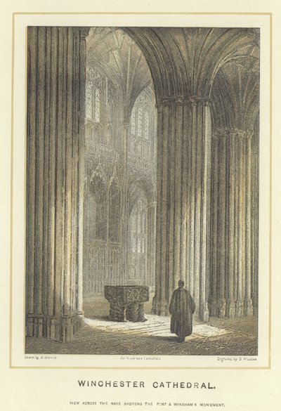 Winchester Cathedral, utsikt over skipet som viser fronten og Wykehams-monumentet av Hablot Knight Browne