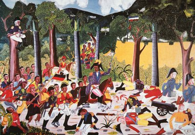 Haitianere under Jean Jacques Dessalines beseirer Napoleons tropper (olje på lerret) av Haitian School