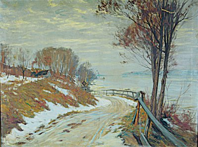 Vei gjennom et snølandskap (olje på lerret) av Hal Robinson