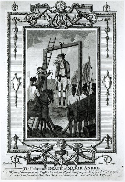 Den uheldige døden til major Andre, generaladjutant til den engelske hæren, ved hovedkvarteret i New York, 2. oktober 1780, gravert av John Goldar (1729-1795) av Hamilton