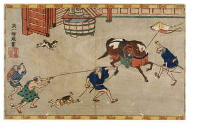 Hest skremt av drage, ca. 1830-1839 (treblokktrykk på papir) av Hanabusa Itcho