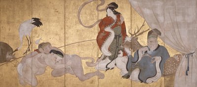 Seven Gods Of Good Fortune (blekk, farge og bladgull på papir, seksdelt skjerm) av Hanabusa Itcho
