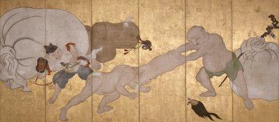 Seven Gods Of Good Fortune (blekk, farge og bladgull på papir, seksdelt skjerm) av Hanabusa Itcho