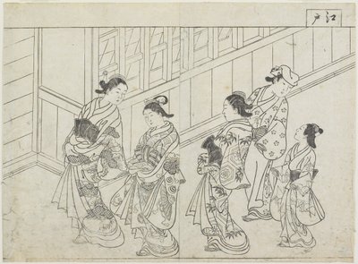 Fem prostituerte foran et hus, tidlig på 1770-tallet (treblokktrykk) av Hanabusa Shigenobu