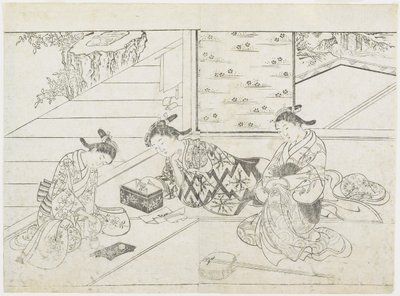 Tre prostituerte i et rom, tidlig på 1770-tallet (treblokktrykk) av Hanabusa Shigenobu