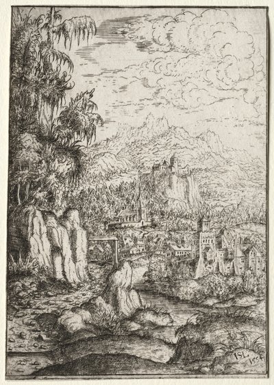 Landskap med en vei til et slott på en øy i en elv, 1554. av Hanns Sebald Lautensack