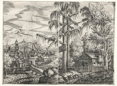 Landskap med byen ved en elv og hytten mellom trærne, 1551. av Hanns Sebald Lautensack