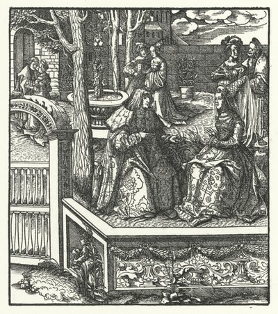 Erkehertug Maximilian av Østerrike og hans kone, Maria av Burgund, lærer hverandre sine respektive språk (gravering) av Hans (after) Burgkmair