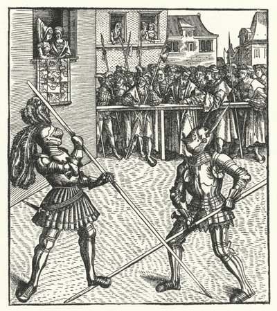 Erkehertug Maximilian av Østerrike kjemper til fots ved hjelp av en lanse (gravering) av Hans (after) Burgkmair