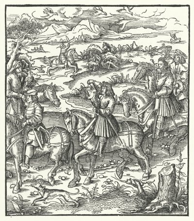 Erkehertug Maximilian av Østerrike jakter hegre (gravering) av Hans (after) Burgkmair