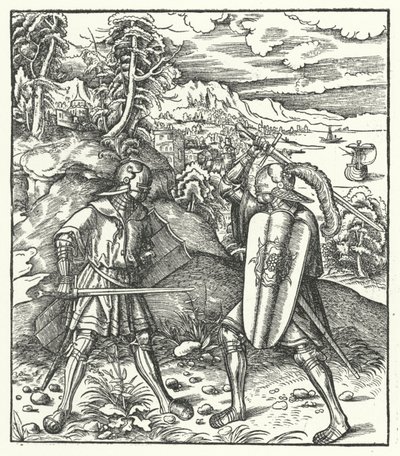 Erkehertug Maximilian av Østerrike i rustning som kjemper med et sverd (gravering) av Hans (after) Burgkmair