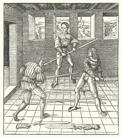 Erkehertug Maximilian av Østerrike lærer kunsten å fekte (gravering) av Hans (after) Burgkmair