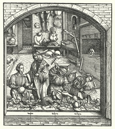 Erkehertug Maximilian av Østerrike på besøk hos en rustningsmann (gravering) av Hans (after) Burgkmair