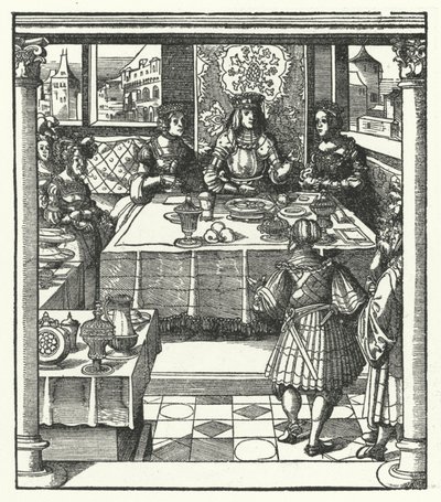 Erkehertug Maximilian av Østerrike på besøk til sin fremtidige kone, Maria av Burgund, og moren hennes, Isabella av Bourbon (gravering) av Hans (after) Burgkmair