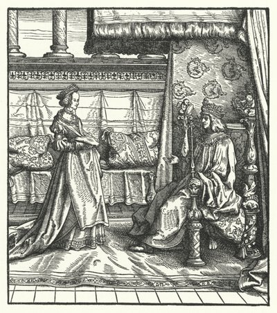 Karl den dristige, hertugen av Burgund, med datteren Maria, som senere giftet seg med den fremtidige hellige romerske keiseren Maximilian I i 1477 (gravering) av Hans (after) Burgkmair