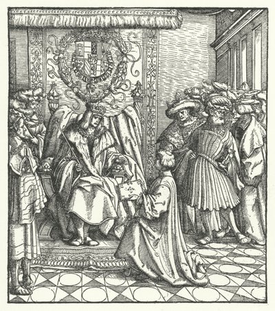 Dedikasjon av en bok til den hellige romerske keiser Maximilian I (gravering) av Hans (after) Burgkmair