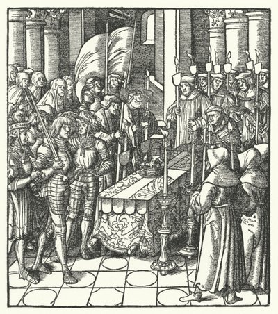 Kong Louis XII av Frankrike ved siden av kisten til sin forgjenger, kong Charles VIII av Hans (after) Burgkmair