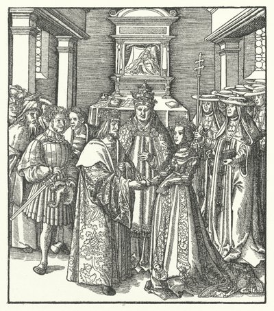 Pave Nicholas V presiderer over ekteskapet til den hellige romerske keiser Frederick III og Eleanor av Portugal i Roma av Hans (after) Burgkmair