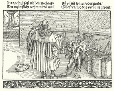 The Demon of Avarice (gravering) av Hans (after) Burgkmair