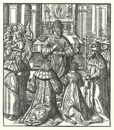 Den hellige romerske keiser Frederick III og keiserinne Eleanor mottar nattverd fra paven (gravering) av Hans (after) Burgkmair