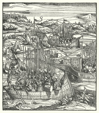 Den hellige romerske keiser Maximilian I med sin flåte ved La Spezia, Italia av Hans (after) Burgkmair