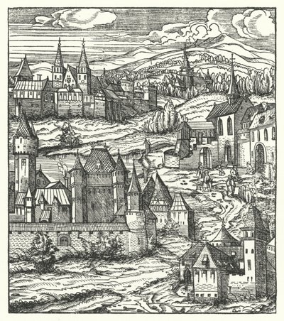 Wiener Neustadt, Østerrike, fødestedet til Maximilian I, den hellige romerske keiseren (gravering) av Hans (after) Burgkmair