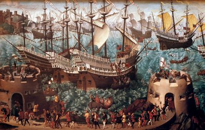 Ombordstigning av Henrik VIII (1491-1547) ved Dover på galionen Henri Grace a Dieu” i anledning handelen signert med Francois I (Camp du Drap d