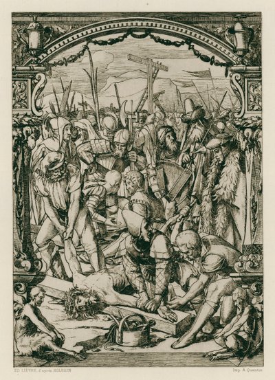 Jesus Kristus, naglet til korset (gravering) av Hans (after) Holbein the Younger