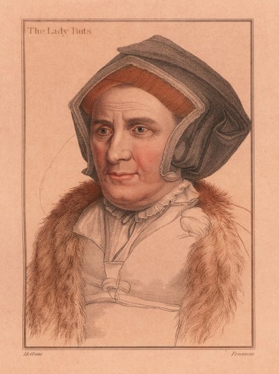 Margaret Bacon, Lady Butts, vaktdame ved Henry VIIIs cour, 1812 (gravering) av Hans (after) Holbein the Younger