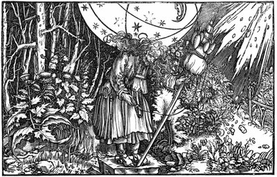 Gammel kvinne (heks eller fe) spinner av Hans (after) Holbein the Younger