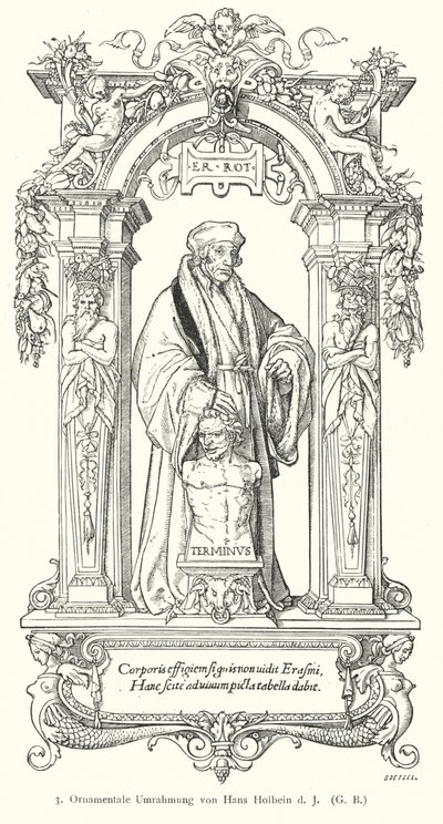 Portrett av nederlandsk renessansehumanistforsker Desiderius Erasmus med ornamental ramme (gravering) av Hans (after) Holbein the Younger