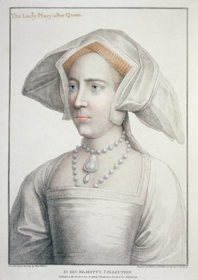 Portrett av Lady Mary etter dronning (1516-58) gravert av Francesco Bartolozzi (1727-1815) 1796 (gravering) av Hans (after) Holbein the Younger