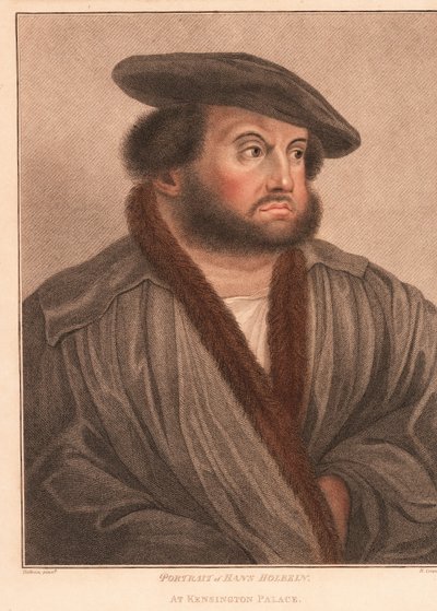 Selvportrett av kunstneren Hans Holbein ved Kensington Palace. ,1812 (gravering) av Hans (after) Holbein the Younger