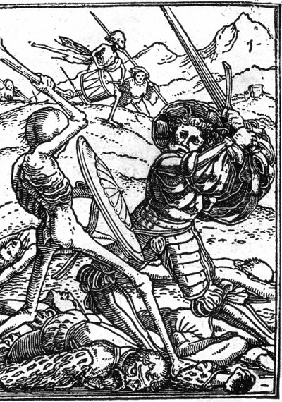 Den falske døden til Hans Holbein den unge (1497-1543): soldaten. En soldat kjemper mot døden; ved føttene deres ligger likene til andre krigere. Gravering. av Hans (after) Holbein the Younger