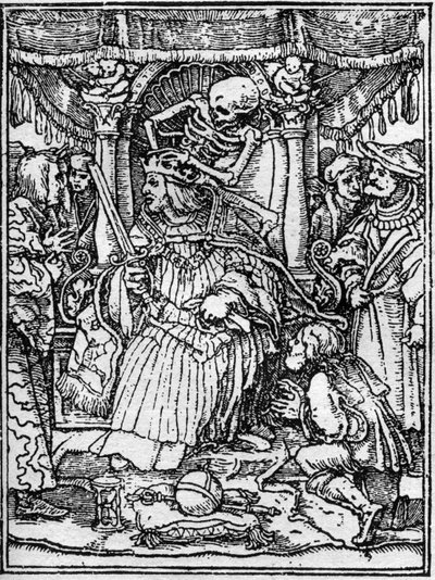 Simuleringene av døden til Hans Holbein den unge (1497-1543): keiseren. Mens Døden tar bort keiserens krone, ber en bonde ham om rettferdighet. Gravering. av Hans (after) Holbein the Younger