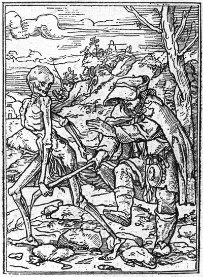 Simuleringene av døden til Hans Holbein den yngre (1497-1543): de blinde. Døden griper stokken til den blinde og fungerer som en guide. Gravering. av Hans (after) Holbein the Younger