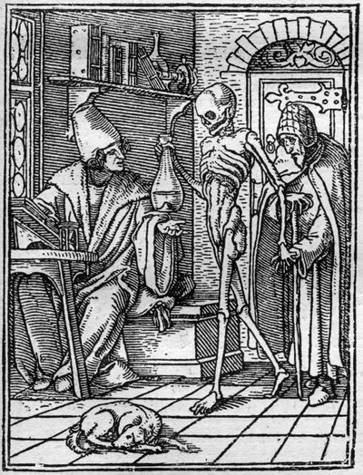 Simuleringene av døden til Hans Holbein den yngre (1497-1543): legen. Døden kommer mellom legen og pasienten hans. Gravering. av Hans (after) Holbein the Younger