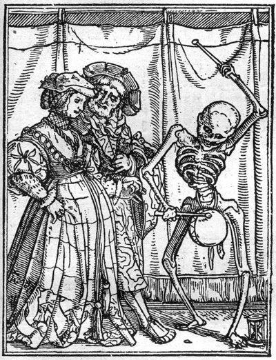 The simulacons of the death of Hans Holbein the Younger (1497-1543): the husbands. Death plays the drum in front of a couple. Engraving. av Hans (after) Holbein the Younger