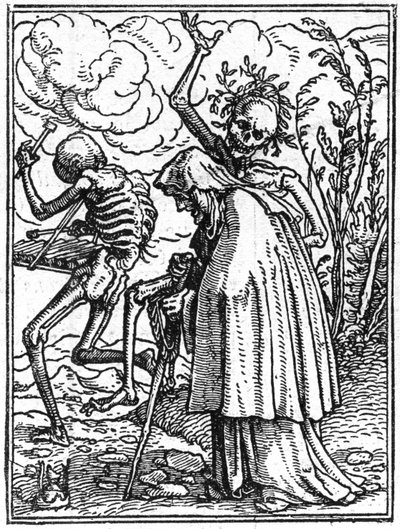 The simulacons of the death of Hans Holbein the Younger (1497-1543): the old. Death accompanies an old lady to her destiny. Engraving. av Hans (after) Holbein the Younger