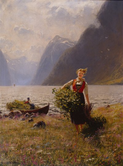 Dairymaid og Bunch of Leaves (olje på lerret) av Hans Andreas Dahl