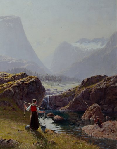 Jente med bøtter med vann og guttefiske (olje på lerret) av Hans Andreas Dahl
