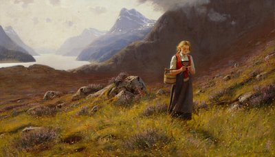 Knitting Dairymaid (olje på lerret) av Hans Andreas Dahl