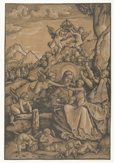 Mary med barn med åtte engler i et landskap av Hans Baldung Grien
